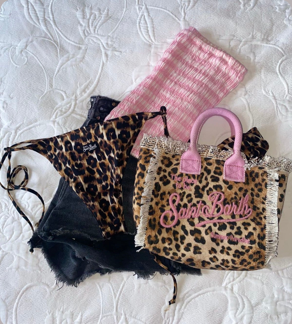 MC2 LEOPARD PRINT CANVAS VANITY MINI BAG WITH PINK DETAILS